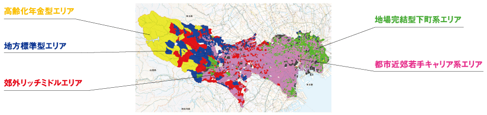 東京都をクラスター分析しエリアを色分けした結果