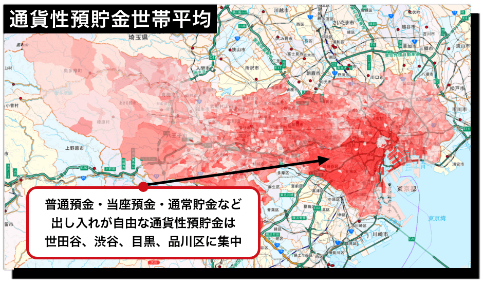 東京都の通貨性預貯金（普通預金・当座預金・通常貯金など）世帯平均の分布