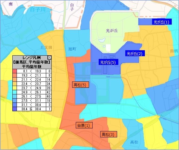 GISエリアマーケティングツールによる築年数データの抽出イメージ