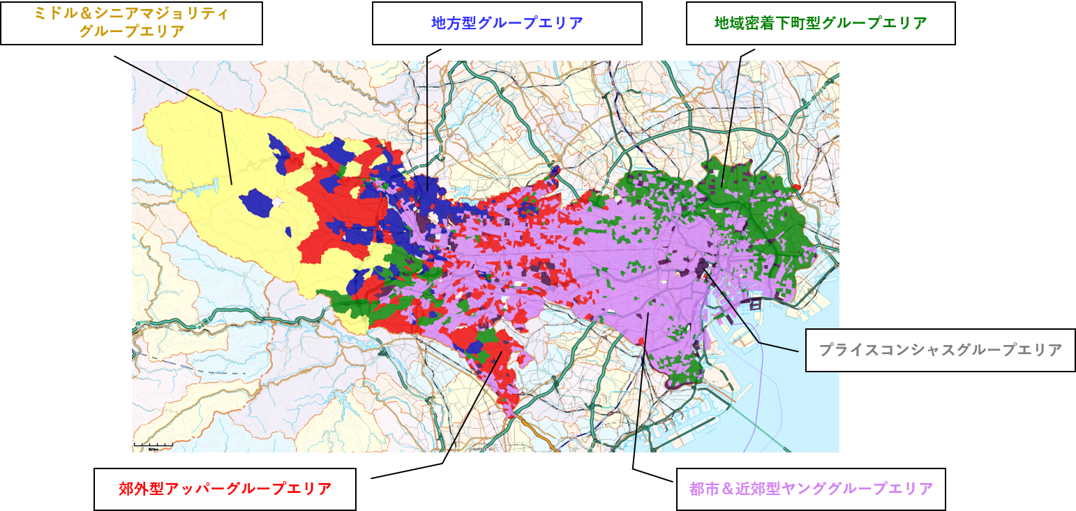 東京都をクラスター分析しエリアを色分けした結果